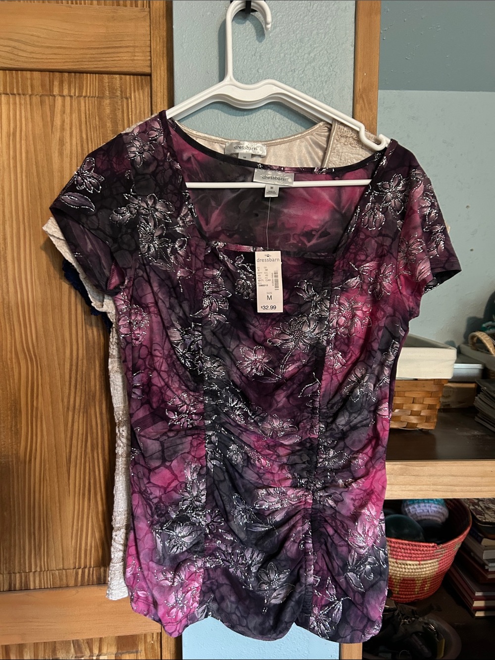 Dress barn (3) tops size M Purple, navy and cream. See photos
